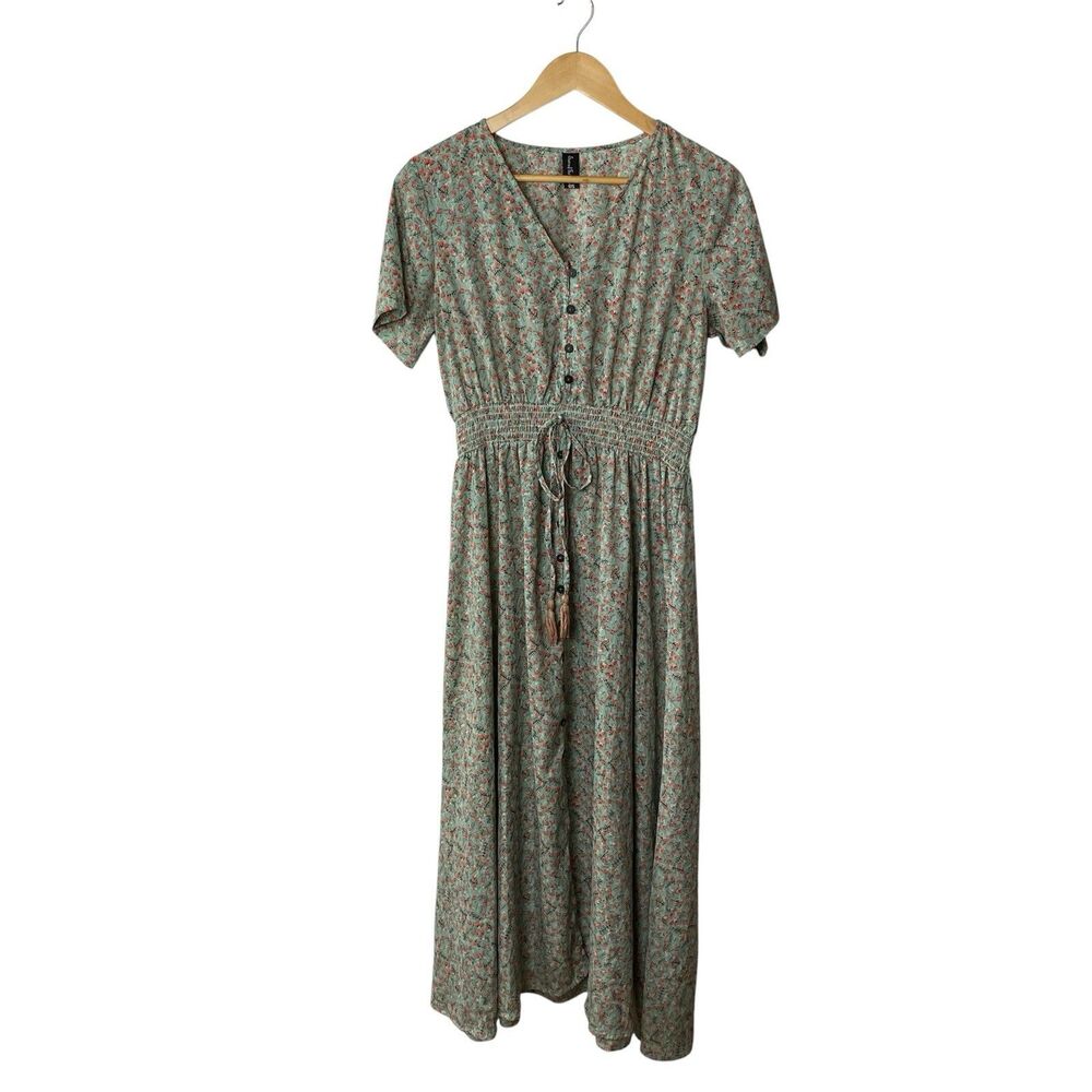 Sacred Threads Dress Womens OS Large Sage Green Floral Maxi Boho Cottagecore